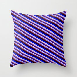 [ Thumbnail: Colorful Blue, Light Gray, Purple, Maroon, and Black Colored Stripes/Lines Pattern Throw Pillow ]