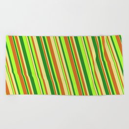 [ Thumbnail: Forest Green, Tan, Chocolate, and Light Green Colored Lined/Striped Pattern Beach Towel ]