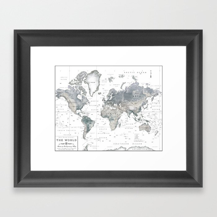 The World [Black and White Relief Map] Framed Art Print
