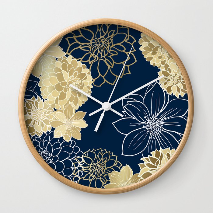 Navy, Gold and White Floral Garden Wall Clock