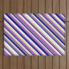 [ Thumbnail: Vibrant Gray, Dark Blue, White, Pale Goldenrod & Orchid Colored Striped/Lined Pattern Outdoor Rug ]