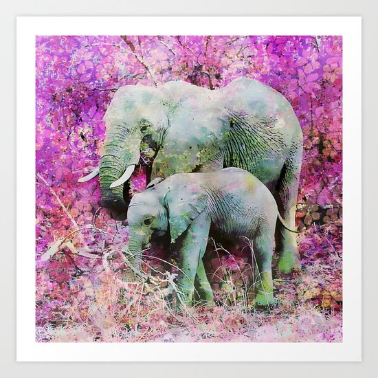 Elephant art mother child pink floral Art Print