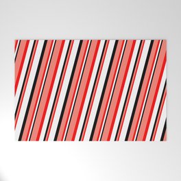 [ Thumbnail: Salmon, Red, White, and Black Colored Striped/Lined Pattern Welcome Mat ]
