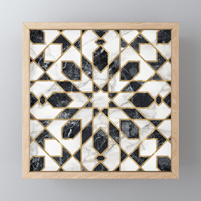 Black and white marble Moroccan mosaic Framed Mini Art Print