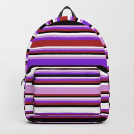 [ Thumbnail: Eyecatching Plum, Purple, Red, Black & White Colored Lines/Stripes Pattern Backpack ]