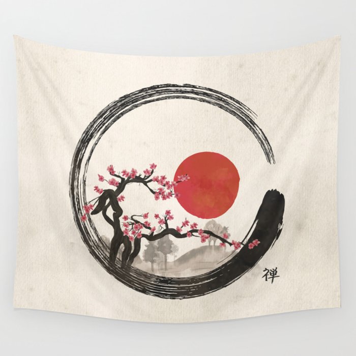 Zen Enso Circle and Sakura Tree Wall Tapestry