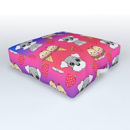 Cute happy funny baby Schnauzer puppy, sweet adorable yummy colorful Kawaii ice cream cones and red summer strawberries cartoon bright pink blue pattern design Outdoor Floor Cushion