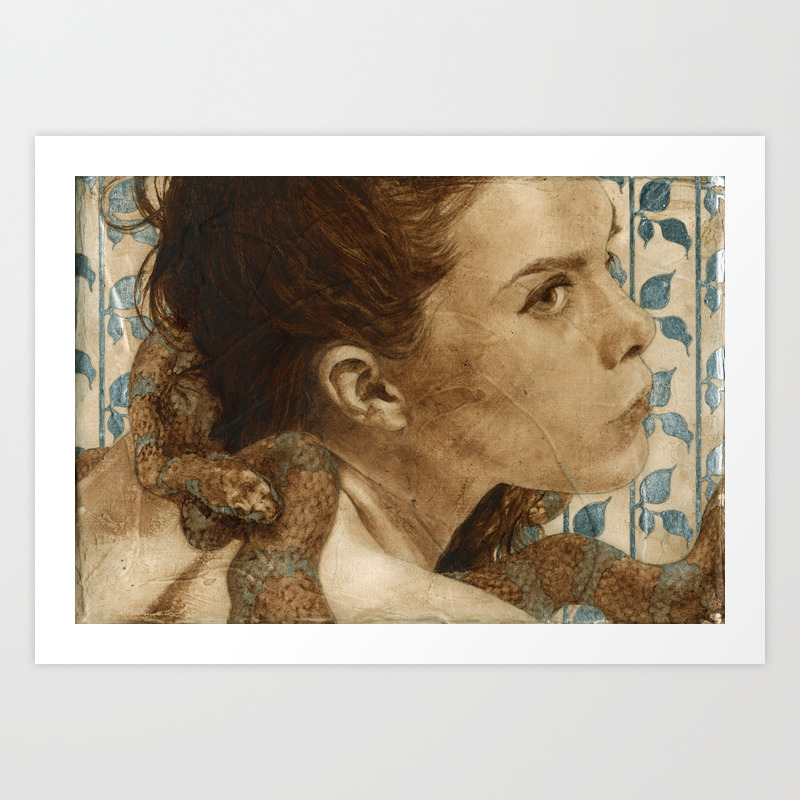 Original Sin Rebirth Woman And Snake Portrait Painting In Brown