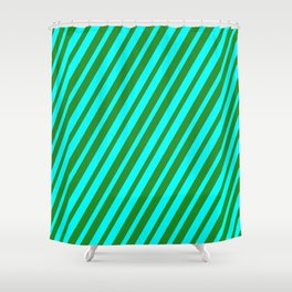 [ Thumbnail: Forest Green and Aqua Colored Lined/Striped Pattern Shower Curtain ]