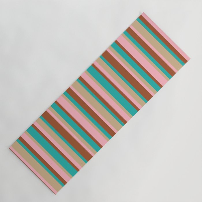 Sienna, Light Sea Green, Tan & Light Pink Colored Stripes Pattern Yoga Mat