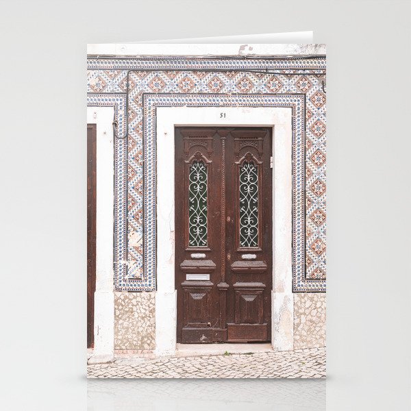 The Wooden Front Door in Nazaré | Street Travel Photography Art Print | Tiled House in Portugal Stationery Cards