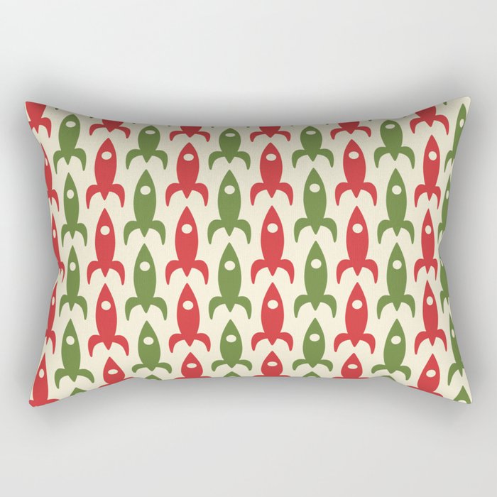 Retro Rockets in Christmas Colors - Midcentury Modern Atomic Era Space Age Pattern in 1950s Green, Xmas Red, and Cream Rectangular Pillow