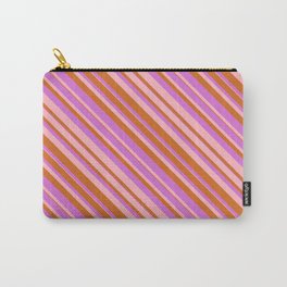 [ Thumbnail: Chocolate, Orchid & Light Pink Colored Lined/Striped Pattern Carry-All Pouch ]