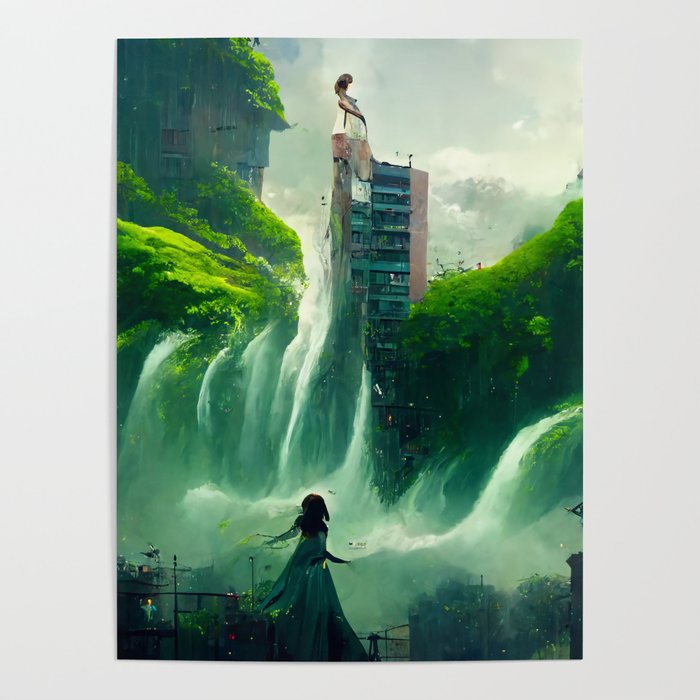 Greenpunk Building On A Waterfall Poster