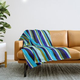 [ Thumbnail: Eyecatching Deep Sky Blue, Green, Turquoise, Dark Blue, and Black Colored Pattern of Stripes Throw Blanket ]