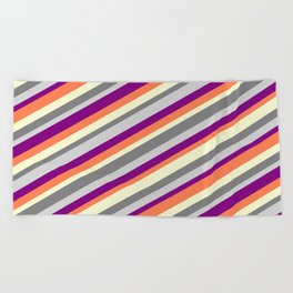 [ Thumbnail: Colorful Light Yellow, Gray, Light Gray, Purple & Coral Colored Lines/Stripes Pattern Beach Towel ]