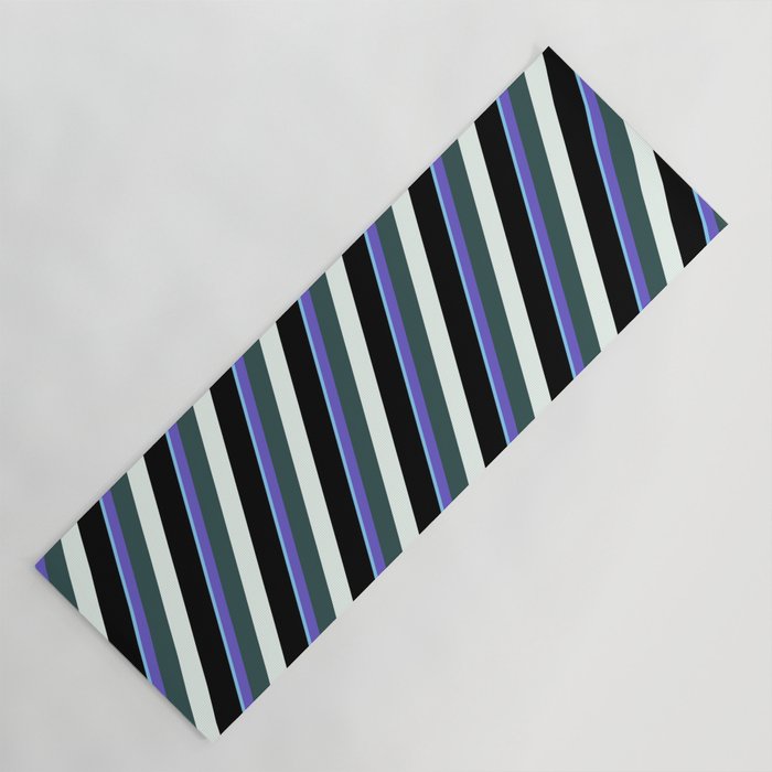 Vibrant Light Sky Blue, Slate Blue, Dark Slate Gray, Mint Cream & Black Colored Lined Pattern Yoga Mat
