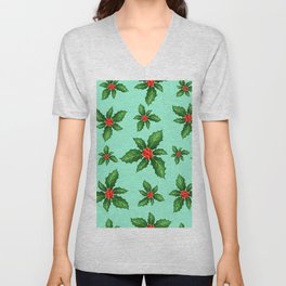 Christmas holly pattern V Neck T Shirt