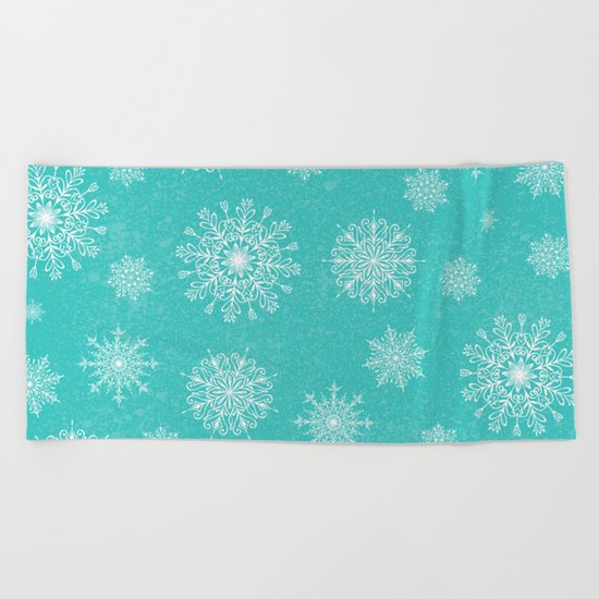 Assorted Snowflakes On Turquoise Backround Beach Towel