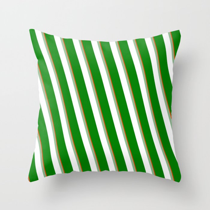 Red, Dark Sea Green, White, and Green Colored Stripes/Lines Pattern Throw Pillow