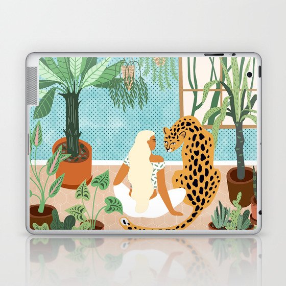 Urban Jungle Illustration, Tiger Home Decor, Woman & Modern Bohemian Wildlife Painting Laptop & iPad Skin