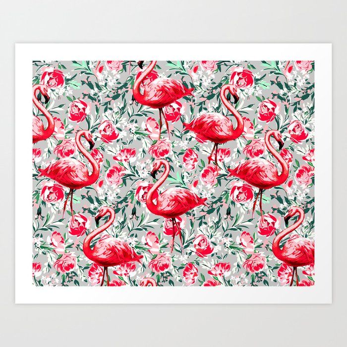 Flamingos and Flowers Art Print