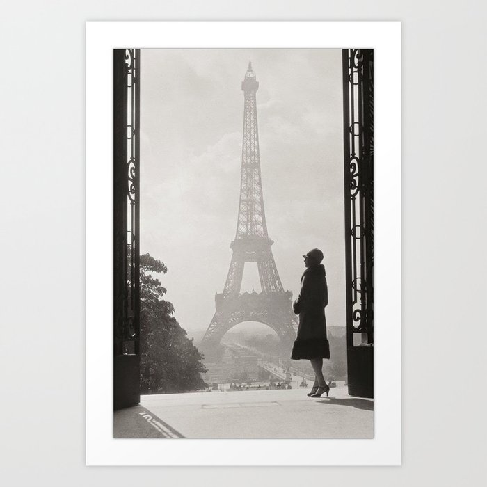 1920 Woman at the Gate, Eiffel Tower black and white photography / jazz age black & white photograph Art Print