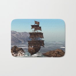 Pirate Ship Bath Mat | Ship, Coast, Ships, Cliffs, Sailingship, Medieval, Pirate, Pirateship, Graphicdesign, Windy 