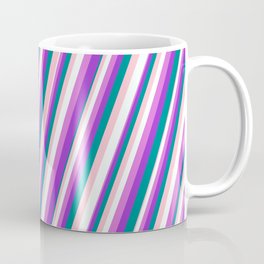 [ Thumbnail: Eye-catching Pink, Mint Cream, Orchid, Dark Orchid & Dark Cyan Colored Stripes Pattern Coffee Mug ]