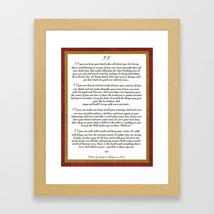 Inspirational Typography Wall Art, IF quote, written in 1895 by Rudyard Kipling Framed Art Print
