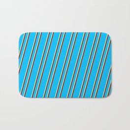 [ Thumbnail: Deep Sky Blue, Tan & Maroon Colored Stripes/Lines Pattern Bath Mat ]