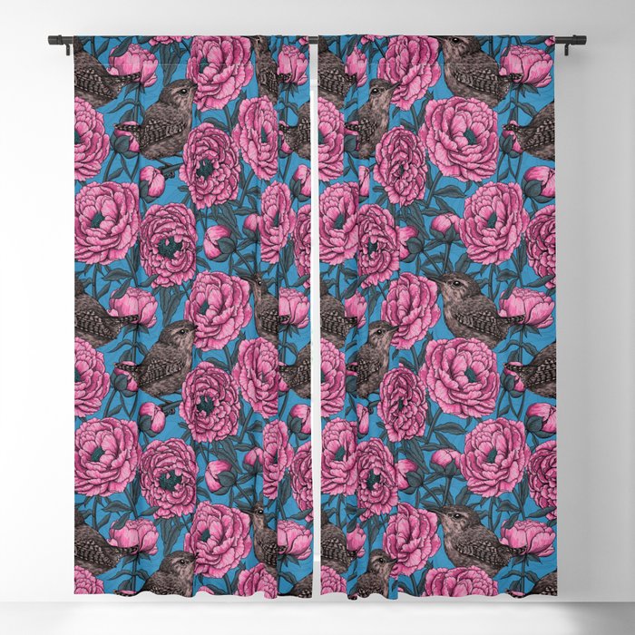 Pink peonies and wrens on blue Blackout Curtain