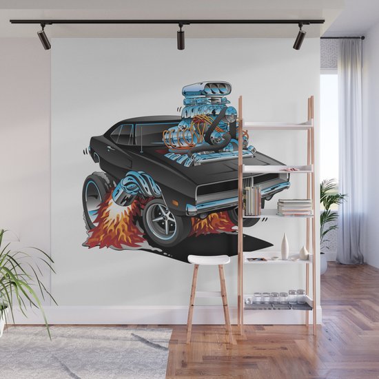 Classic 69 American Muscle Car Cartoon Wall Mural By Hobrath