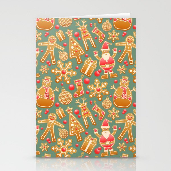christmasbackground with gingerbread and santa pattern Stationery Cards