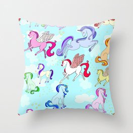 Unicorn repeating pattern colorful on blue Throw Pillow