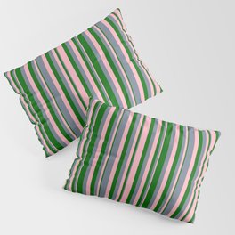[ Thumbnail: Light Pink, Slate Gray & Dark Green Colored Pattern of Stripes Pillow Sham ]