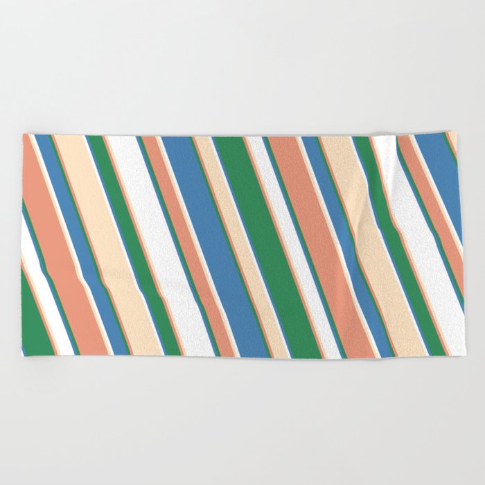 Eye-catching Dark Salmon, Sea Green, Blue, White, and Bisque Colored Stripes Pattern Beach Towel