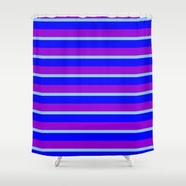 [ Thumbnail: Blue, Dark Violet, and Sky Blue Colored Striped/Lined Pattern Shower Curtain ]