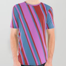 [ Thumbnail: Orchid, Red & Blue Colored Lined/Striped Pattern All Over Graphic Tee ]