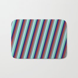 [ Thumbnail: Colorful Brown, Grey, Light Blue, Aquamarine & Midnight Blue Colored Striped Pattern Bath Mat ]