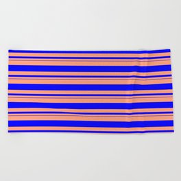 [ Thumbnail: Light Salmon & Blue Colored Lined/Striped Pattern Beach Towel ]