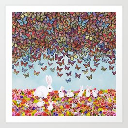 bunnies, flowers, and butterflies Art Print
