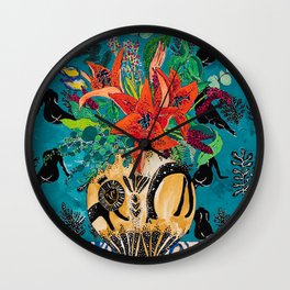 Amphitrite: Orange Lily and Wildflower Bouquet in Lion and Giraffe Urn on Emerald Matisse Inspired Wallpaper Wall Clock