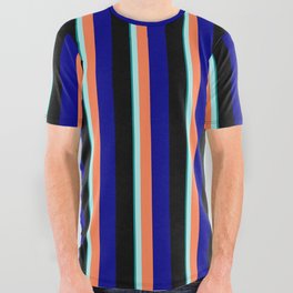 [ Thumbnail: Eye-catching Dark Cyan, Turquoise, Coral, Dark Blue, and Black Colored Striped Pattern All Over Graphic Tee ]