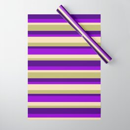 [ Thumbnail: Tan, Dark Khaki, Indigo, and Dark Violet Colored Lined Pattern Wrapping Paper ]