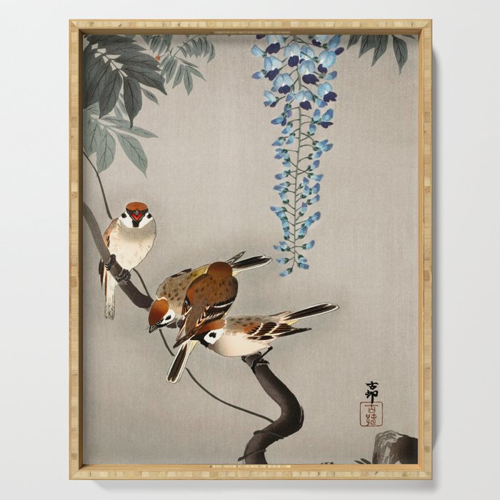 Sparrows and wisteria flower - Vintage Japanese Woodblock Print Art Serving Tray