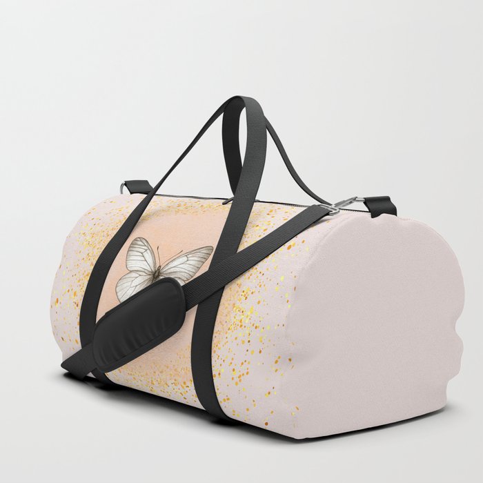 Hand-Drawn Butterfly and Gold Circle Frame on Pale Pink Duffle Bag
