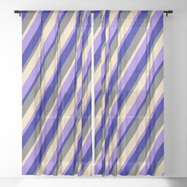 [ Thumbnail: Dim Gray, Tan, Purple, and Dark Blue Colored Striped/Lined Pattern Sheer Curtain ]