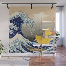 "Unsuspecting Duck," cancel culture - woke mob satirical The Great Wave off Kanagawa pop art surfing humorous seascape portrait painting Wall Mural
