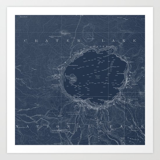 Crater Lake Blueprint Map Design Art Print